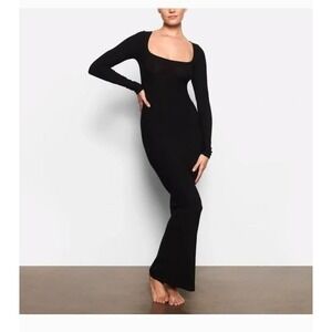 Skims Ribbed Long Sleeve Maxi Loungewear Dress Onyx Black 2X Minimal Stretch